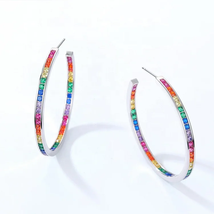 Fashion Brass Alloy Gold Plated Big Circle Rainbow CZ Hoop Earrings Trendy European Style Large C Shaped Round Hoop Earrings