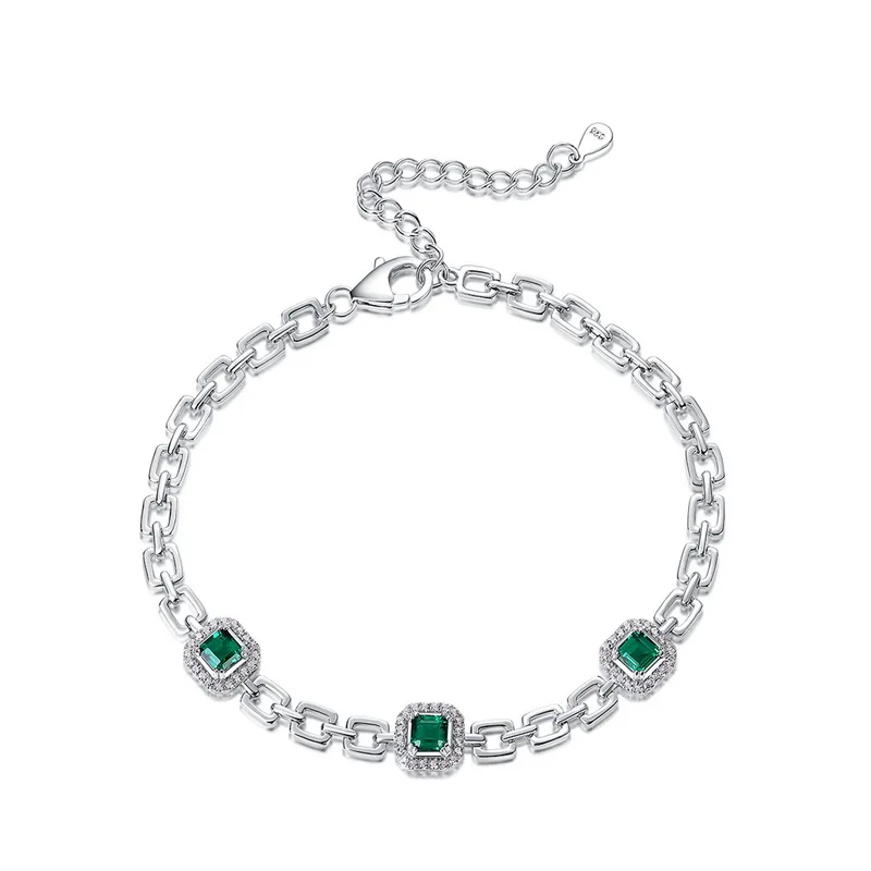 925 Sterling Silver Emerald Chain Vivid Lab Grown Emerald Bracelet Flower Lab Grown Emeralds Bracelet for Women