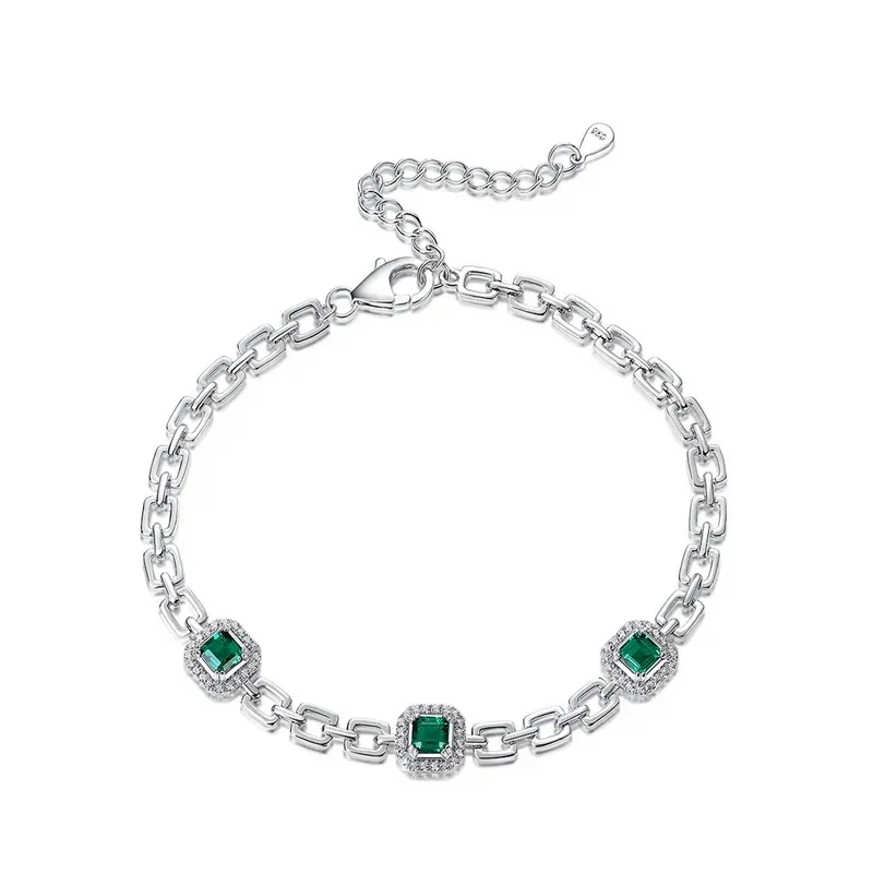 925 Sterling Silver Emerald Chain Vivid Lab Grown Emerald Bracelet Flower Lab Grown Emeralds Bracelet for Women