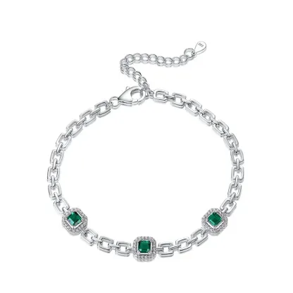 925 Sterling Silver Emerald Chain Vivid Lab Grown Emerald Bracelet Flower Lab Grown Emeralds Bracelet for Women