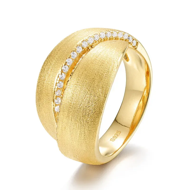 Jewelyking S925 Sterling Silver Luxury Textured Brushed Finish Ring Women Sandblasted CZ Inlay Band Ring JKRS0117