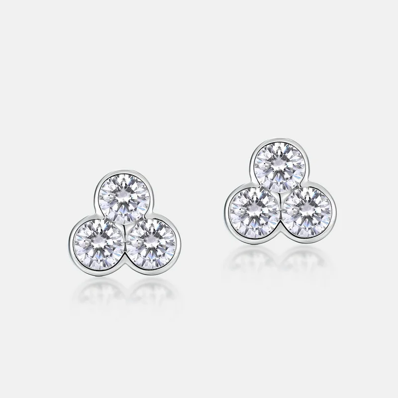 JewelyKing S925 Sterling Silver D Color VVS1 Moissanite Three Stone Cluster Bezel Set Stud Earrings JKES0016