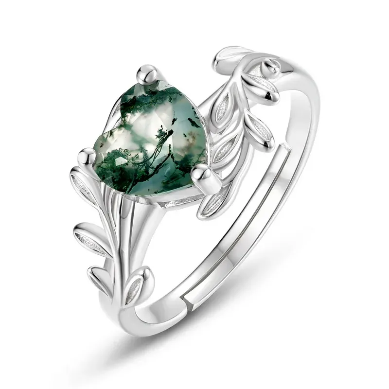 JewelyKing S925 Sterling Silver Heart Shaped Moss Agate Green Gemstone Light Luxury Ring JKRS0187