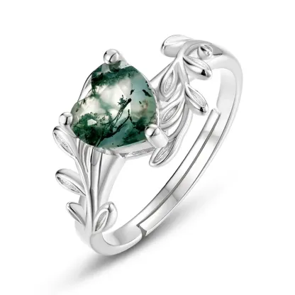 JewelyKing S925 Sterling Silver Heart Shaped Moss Agate Green Gemstone Light Luxury Ring JKRS0187