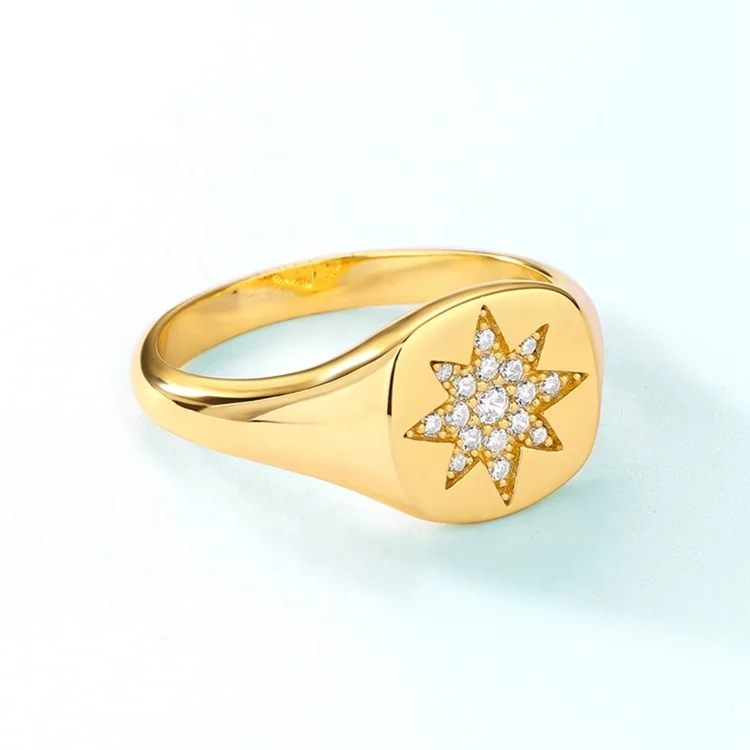 JewelyKing S925 Sterling Silver North Star Sun Fashion Gold Plated  Starburst Signet Ring JKRS0283