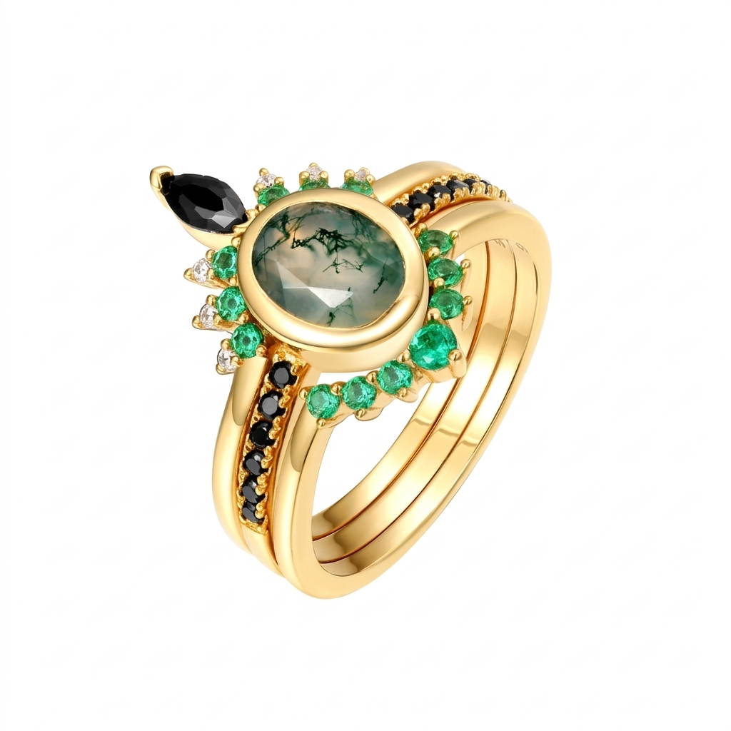 JewelyKing S925 Silver Gold Oval Moss Agate CZ Diamond Gemstone Gold Vermeil Rings