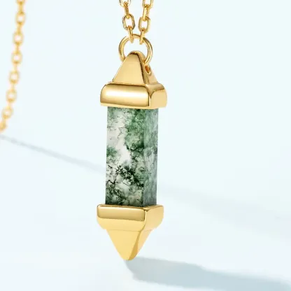 Jewelyking Natural Green Moss Agate 18K Gold Healing Gemstone Hexagonal Dot Necklace Pendant JKNS0100