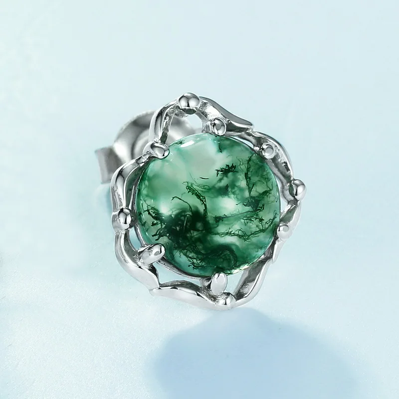 Jewelyking S925 Silver Moss Agate Vintage Natural Green Agate Cute Stud Earrings JKES0066