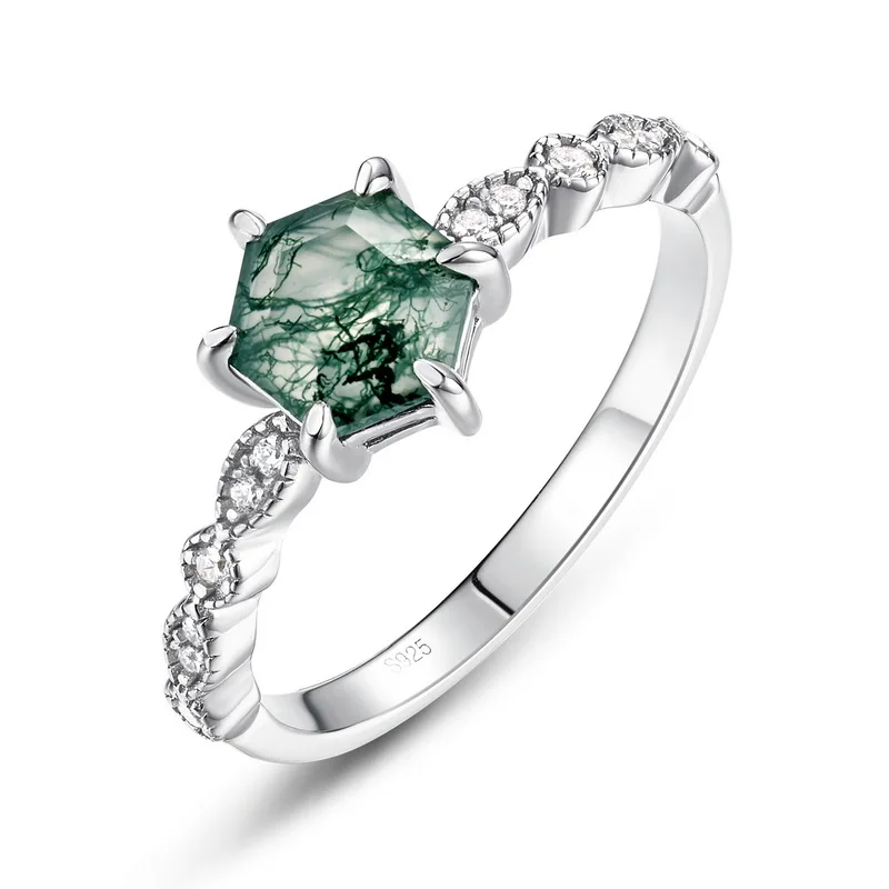 JewelyKing S925 Sterling Silver Moss AgateExquisite Natural Wedding Rings JKRS0162