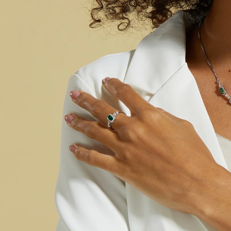 Panyu Custom Lab Created Emerald Square Ring 925 Sterling Silver Colored Gemstones for Modern FIne Ring