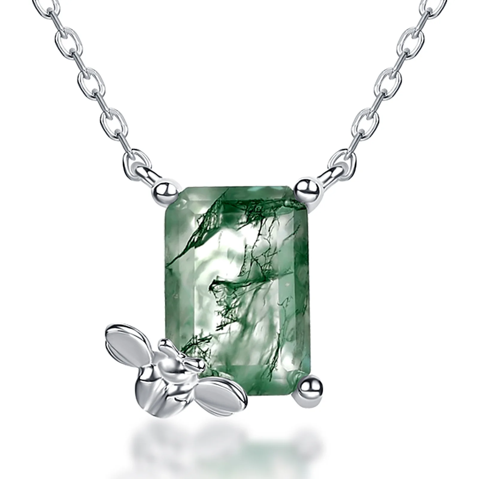 JewelyKing Natural Moss Agate Necklace Sets S925 Silver Cross Chain Women's Geometric Shape JKNS0028
