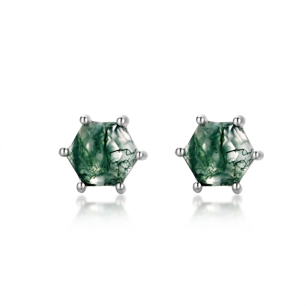 Jewelyking S925 Sterling Silver Natural Gemstone Vintage Natural Green Moss Agate Earrings