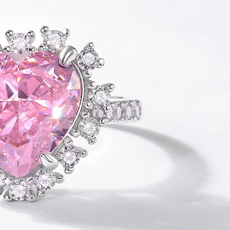 JewelyKing S925 Sterling Silver Pink Heart High Carbon Diamond Zirconia Adjustable Engagement Ring JKRS0260