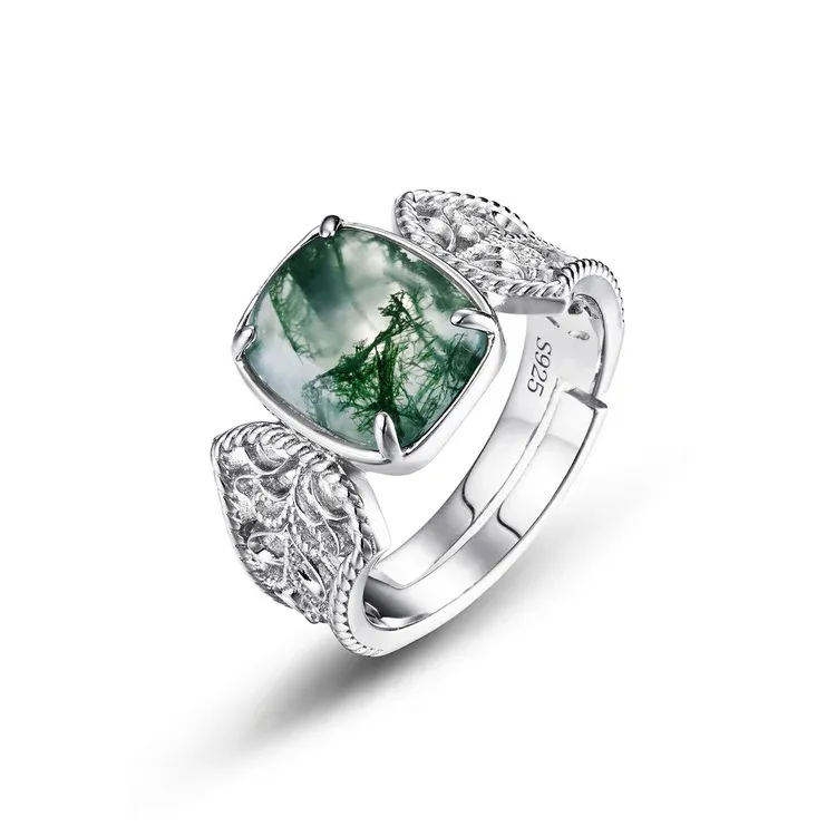 JewelyKing S925 Sterling Silver Green Moss Fashion Seaweed Agate Ring JKRS0220