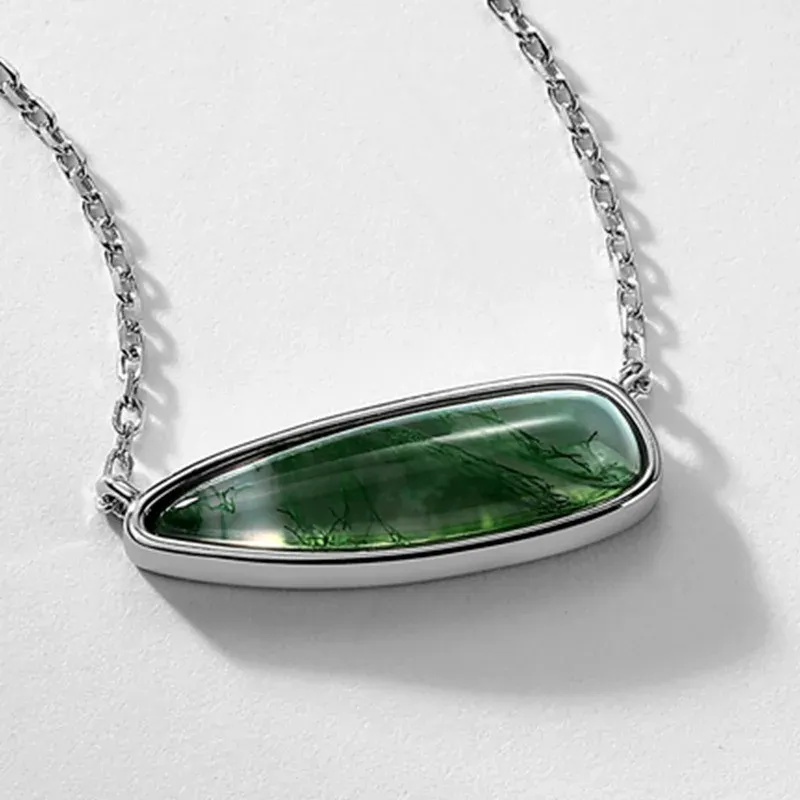 JewelyKing S925 Sterling Silver Green Moss Agate Elongated Teardrop Cut Natural Gemstone Dainty Chain Necklace JKNS0029