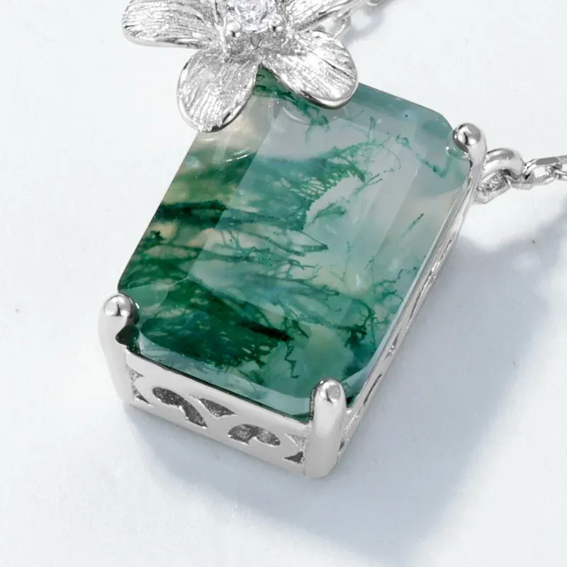 JewelyKing S925 Sterling Silver Green Moss Agate  Flower Accent Rectangular Cut Gemstone Dainty Chain Necklace JKNS0027