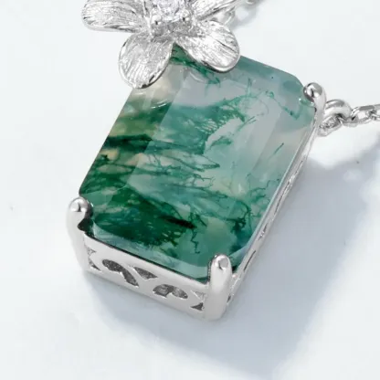 JewelyKing S925 Sterling Silver Green Moss Agate  Flower Accent Rectangular Cut Gemstone Dainty Chain Necklace JKNS0027