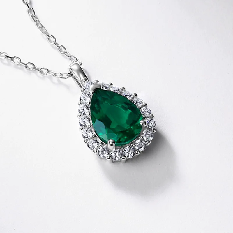 New Lab Grown Emerald Necklace 925 Sterling Silver Lab Gemstone Pendant Retro Elegant Jewelry