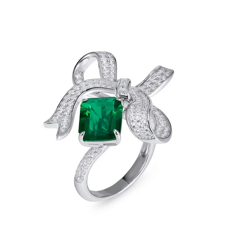 Panyu Custom Lab Emerald Bow Ring in 925 Sterling Silver FIne Jewelry Set