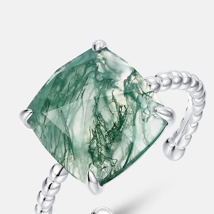 JewelyKing S925 Sterling Silver Natural Green Moss Agate Open Minimalist Gemstone Ring JKRS0188