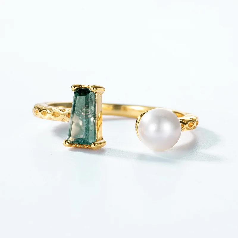 JewelyKing S925 Sterling Silver Open Gemstone Jewelry 18k Gold Plated Green Moss Agate Pearl Engagement Ring JKRS0127
