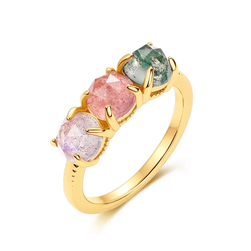 JewelyKing Light Luxury Gold Ring Green Moss Agate Limited Edition Colored Gemstone Natural Adjustable Ring JKRS0158