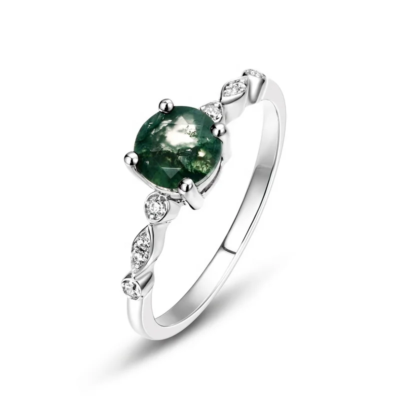 JewelyKing S925 Sterling Silver Retro Gemstone Dainty Cubic Zirconia Round Natural Green Moss Agate Engagement Ring JKRS0225