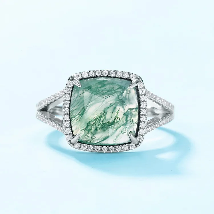 JewelyKing S925 Silver Cushion Rose Cut Green Moss Agate Dainty Gemstone Solitaire Wedding Ring JKRS0210