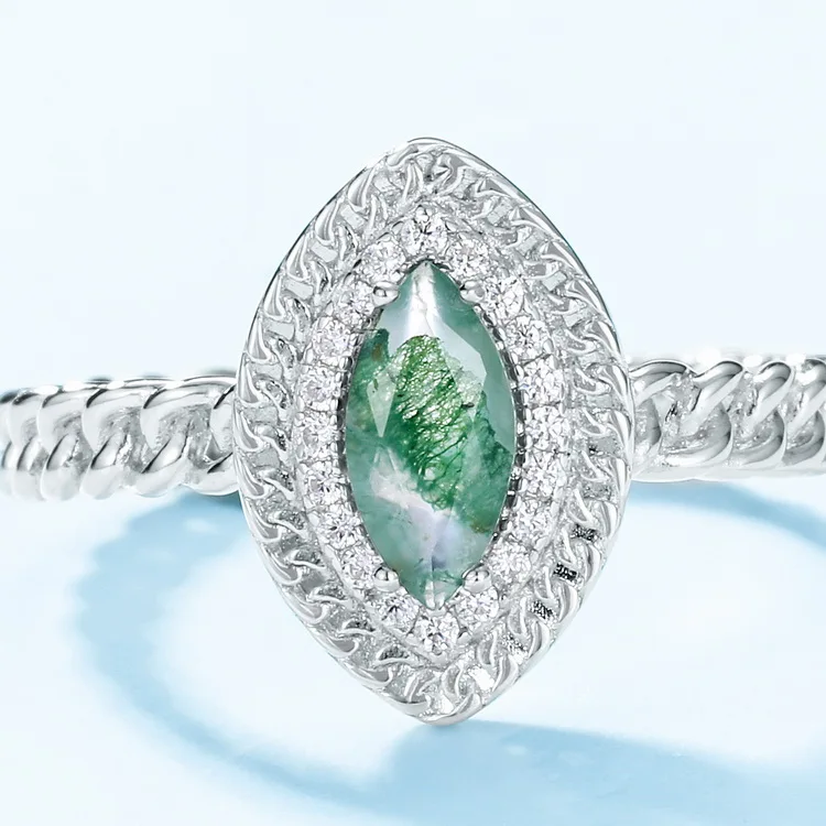 JewelyKing S925 Sterling Silver Moss Agate Gemstone Engagement Promise Ring JKRS0193