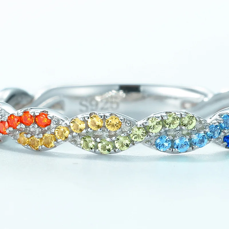 Customizable 925 Silver Simple Twisted Ring Women Colorful Rainbow CZ Cubic Zirconia Bulk Sterling Silver Couples Wedding Ring