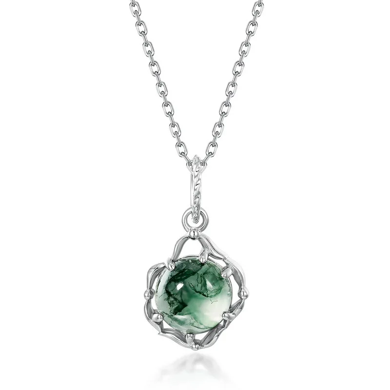 JewelyKing Natural Moss Agate Necklace Sets S925 Silver Cross Chain Women's Geometric Shape JKNS0028