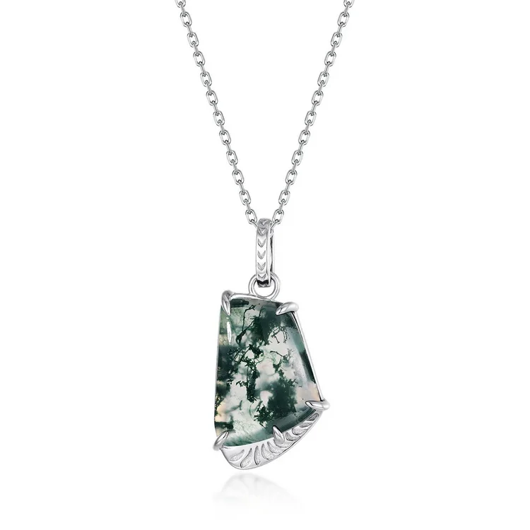 Jewelyking S925 Sterling Silver Dainty Chain Natural Green Moss Agate Pendant JKNS0083