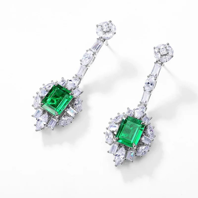 JewelyKing S925 Sterling Silver Retro Style Inlaid Unique Synthetic Emerald Stone Earrings JKES0112