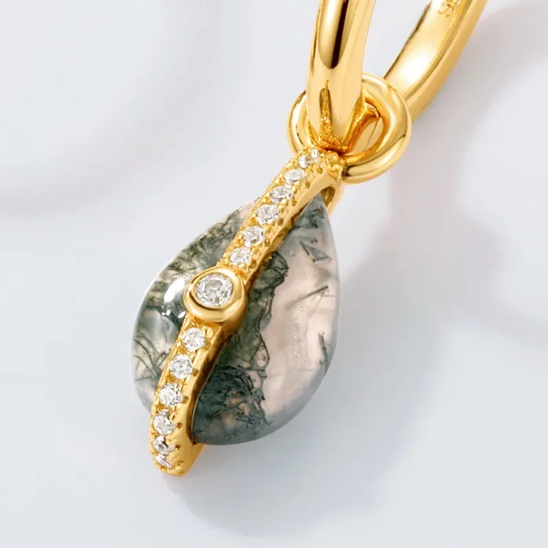 Jewelyking S925 Silver 18k Gold Plated  Natural Green Moss Agate Hoop Earring JKES0095