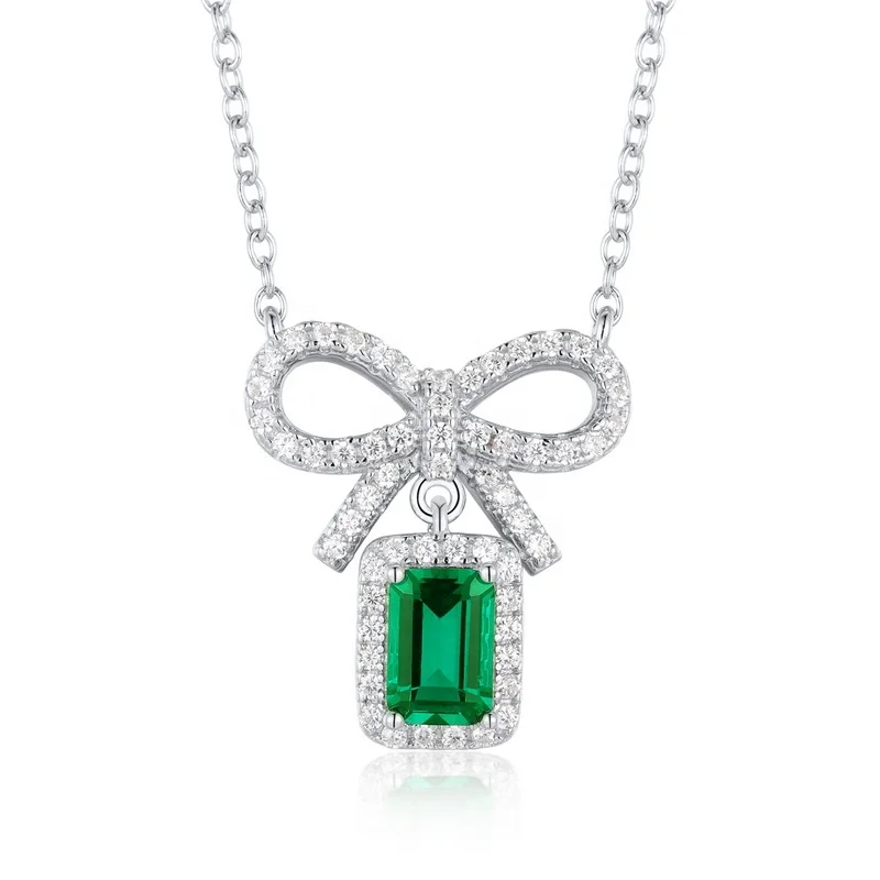 Fine Jewelry 925 Sterling Silver Pendant Necklace with Lab Created Emerald and Bowknot 3A Zircon Green Gemstone for Women Gift
