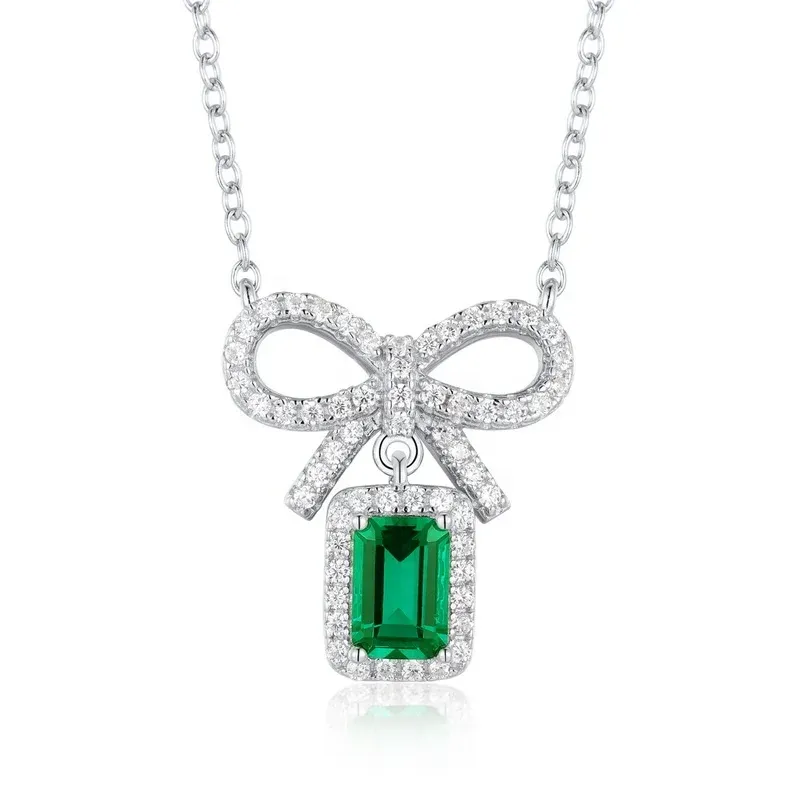 Fine Jewelry 925 Sterling Silver Pendant Necklace with Lab Created Emerald and Bowknot 3A Zircon Green Gemstone for Women Gift