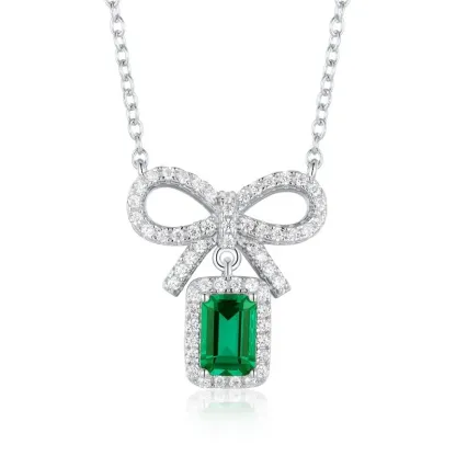 Fine Jewelry 925 Sterling Silver Pendant Necklace with Lab Created Emerald and Bowknot 3A Zircon Green Gemstone for Women Gift