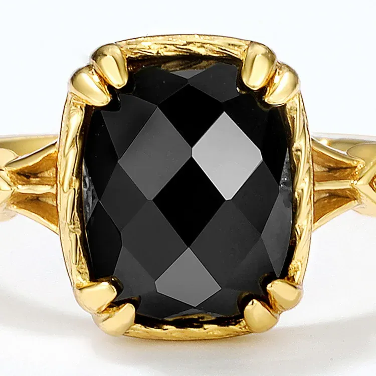 JewelyKing S925 Sterling Silver Big Gems Square Stone Black Agate Ring JKRS0284
