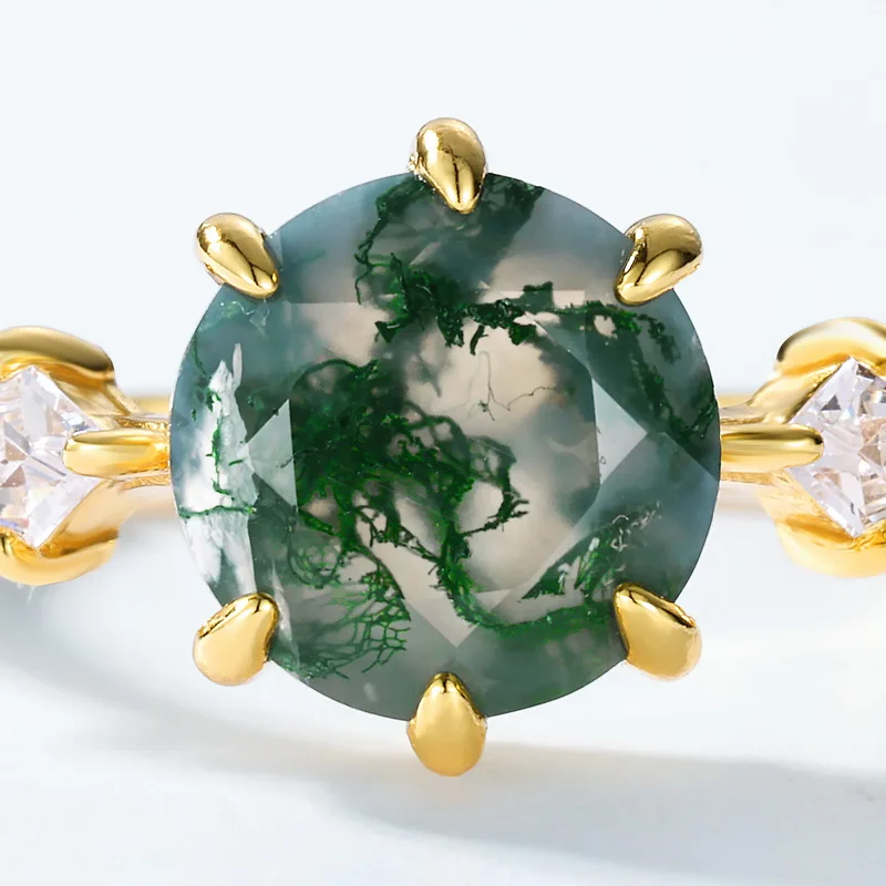 JewelyKing S925 Sterling Silver Round Cut Natural Gemstone Jewelry 18k Gold Plated Green Moss Agate Zirconia Wedding Ring JKRS0129