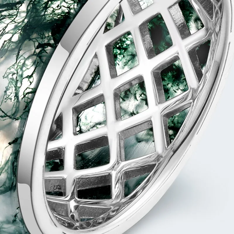 JewelyKing S925 Sterling Silver Green Moss Agate Wide Band Geometric Grid Hollow Design Natural Gemstone Ring JKRS0007