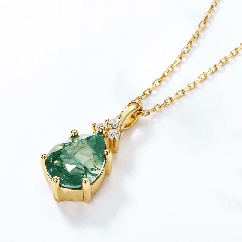 Jewelyking S925 Silver Kite Natural Moss Agate 18K Gold Plated Halo CZ Pendant Necklace JKNS0105
