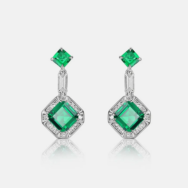 JewelyKing S925 Sterling Silver Drop Full CZ Zirconia Lab Grown Emerald Earrings JKES0111