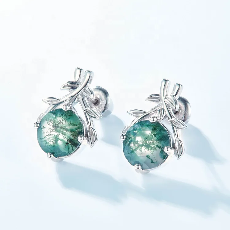 Jewelyking S925 Sterling Silver Leaf Branch Natural Moss Agate Real Stud Earrings JKES0078