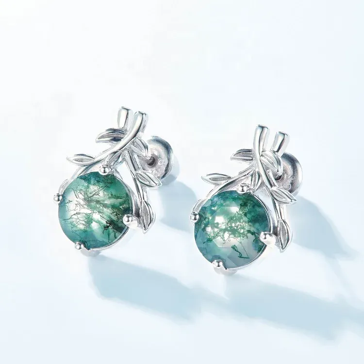 Jewelyking S925 Sterling Silver Leaf Branch Natural Moss Agate Real Stud Earrings JKES0078