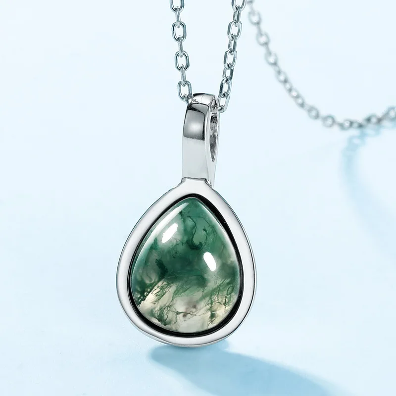 Jewelyking S925 Sterling Silver Green Moss Agate Gemstone Teardrop Pendant Necklace JKNS0093