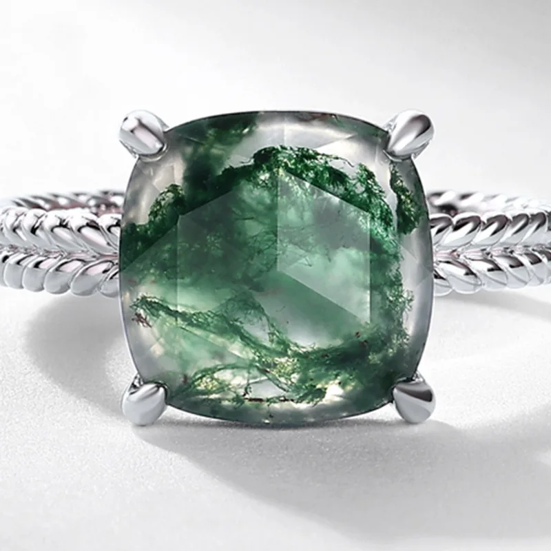 JewelyKing S925 Sterling Silver Moss Agate Square Natural Gemstone Women Engagement Ring JKRS0184