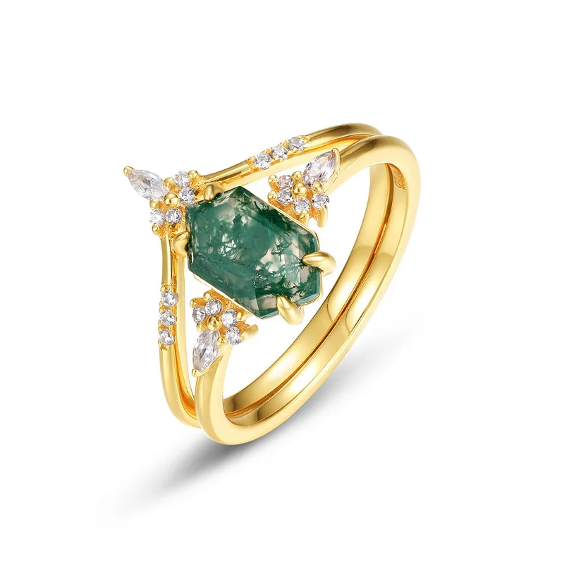 JewelyKing S925 Sterling Silver 14K Gold Plated Hexagon Cut Moss Agate Cluster CZ Accent Stackable Nature Statement Ring JKRS0131