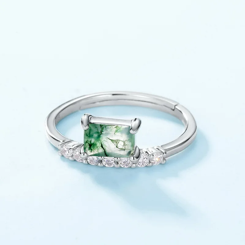 Jewelyking S925 Sterling Silver Square Moss Agate Cubic Zirconia Ring JKES0110
