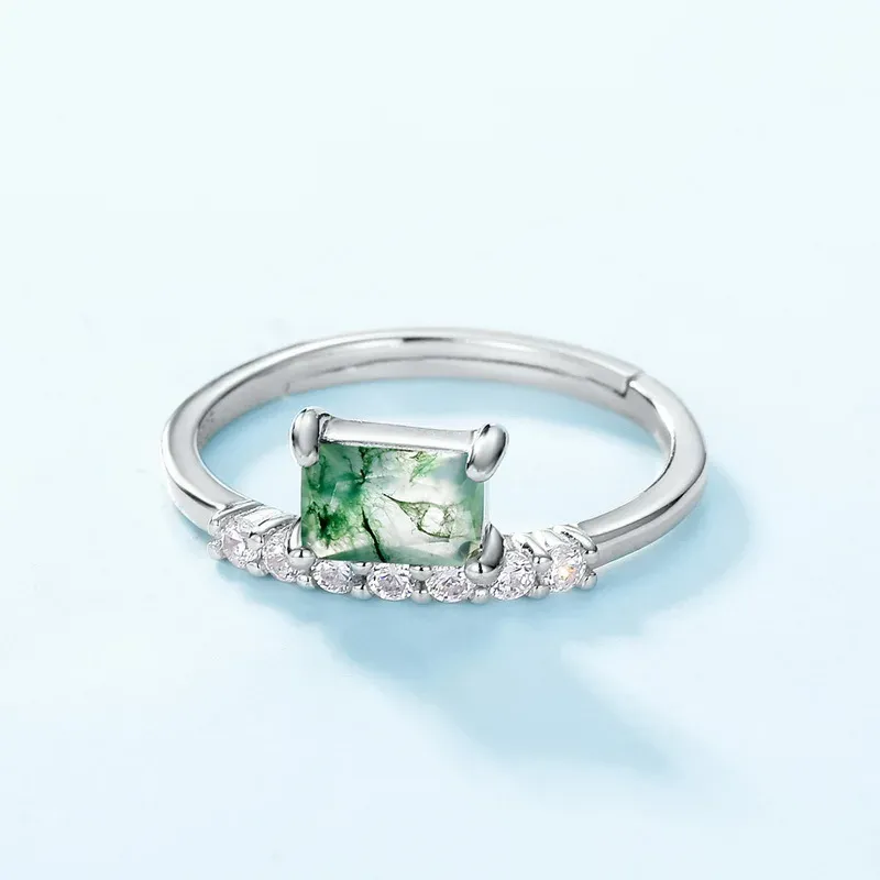 Jewelyking S925 Sterling Silver Square Moss Agate Cubic Zirconia Ring JKES0110