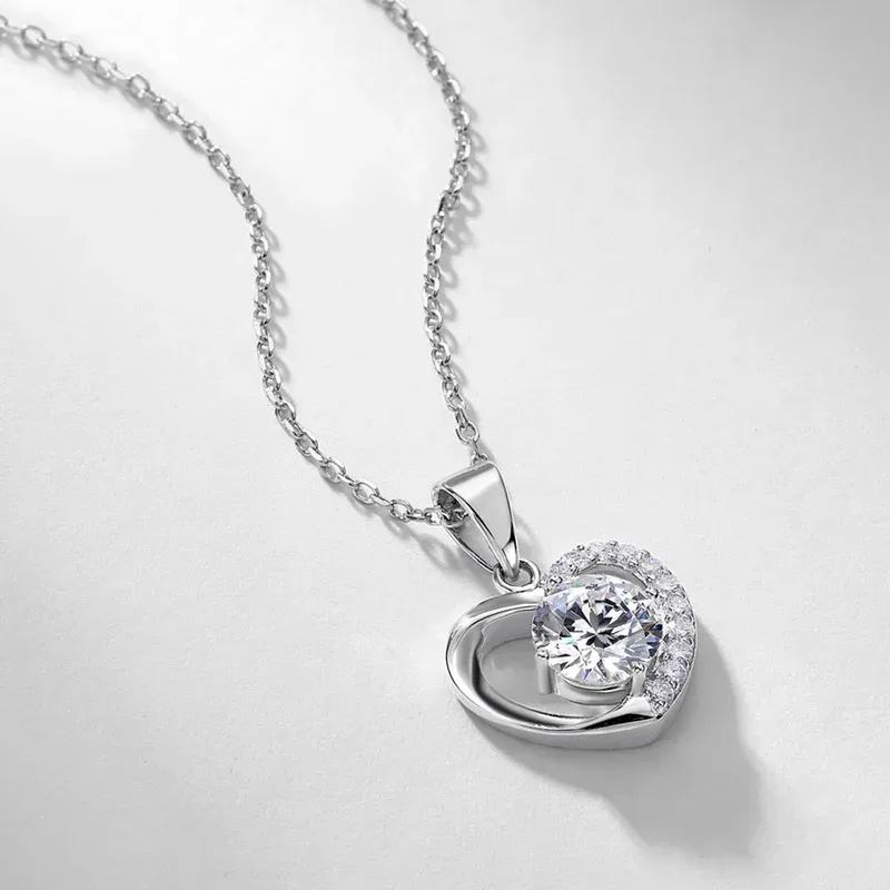 JewelyKing S925 Sterling Silver Rhodium Plated Heart Lab Grown Diamond Necklace 